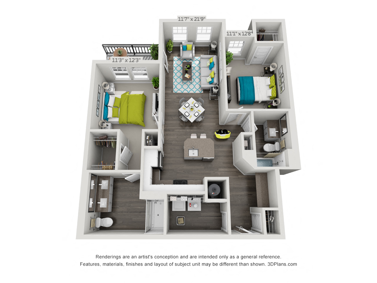 Floor plan for 2 beds, 2 baths, 1036 sqft